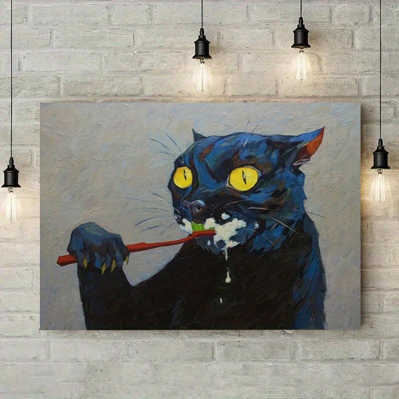 Unique Soul Canvas Poster - No Framed, Vibrant Black Cat Brushing Art Oil Painting Print, Exquisite Gift for Wall Decoration, Perfect for Bedroom, Office, Bar, Kitchen, Restaurant, Enhancing Home and Office Ambiance Ornaments Artistic Photo