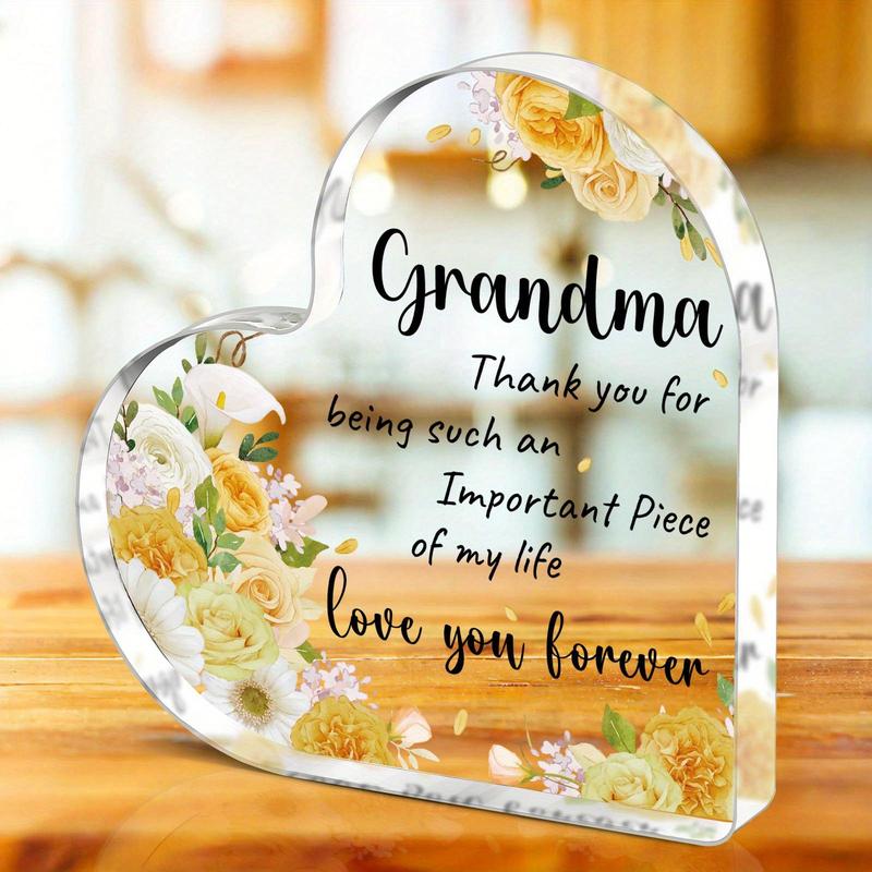 Flower Pattern Acrylic Heart Shaped Ornament, Grandma Gift, Thank You Gift for Grandma, Desk Sign, Tabletop Ornaments