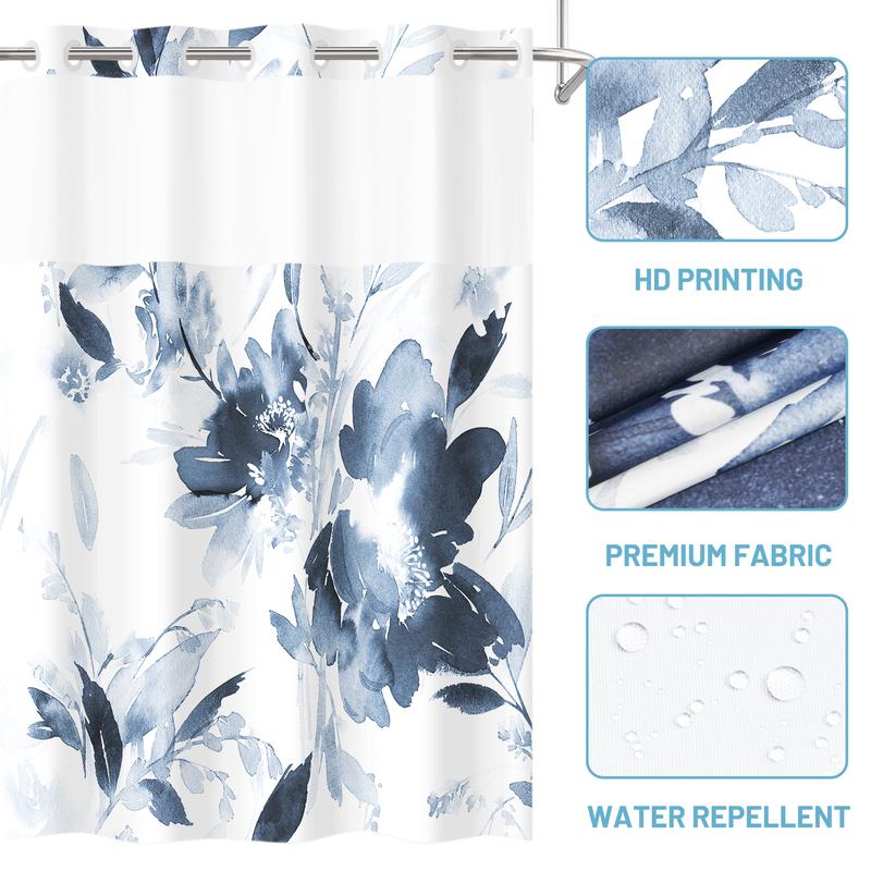 WITHLOC No Hook Shower Curtain with Snap in Liner - Floral Shower Curtain - Fabric Waterproof Inner Liner, Plants Aqua Blue Flowers Modern Cloth Shower Curtains - Machine Washable, 71 x 74 Inch 71 x 86 Inch