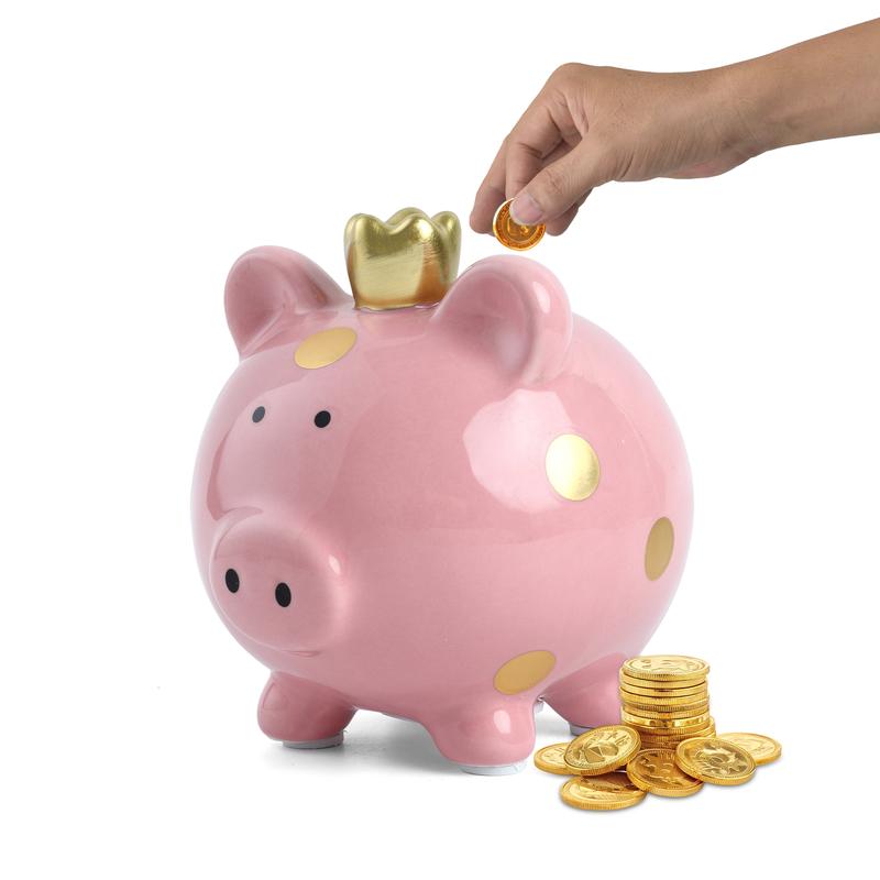 Small Ceramic Piggy Bank, Golden Polka Dot Piggy Bank with Crown, Small Piggy Bank Coin Bank Money Saving Bank for Kids Girls Boys(Pink 4.64”L x 5.51”W x 5.19”H)