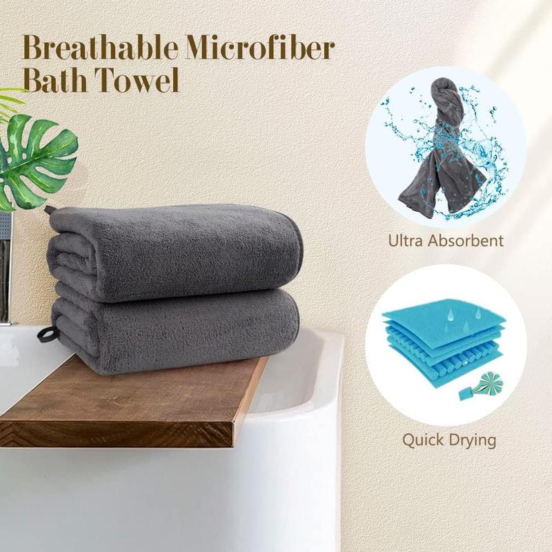 Microfiber Bath Towels Pack of 2(27'' x 54'') - Soft Feel, Highly Absorbent, Quick Drying for Body, Sport, Yoga, SPA, Fitness - Grey Cotton Shower