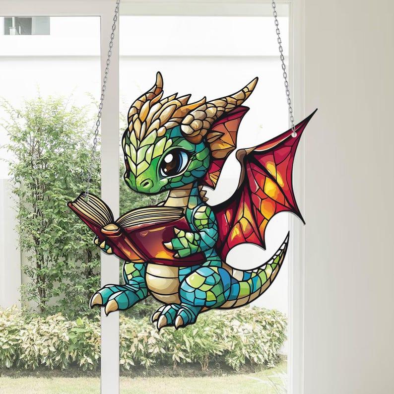 New! Reading Book Dragon Acrylic Window Hanging, Fantasy Dragon Wall Window Hanging Art, Home Ornaments Hangable Decoration