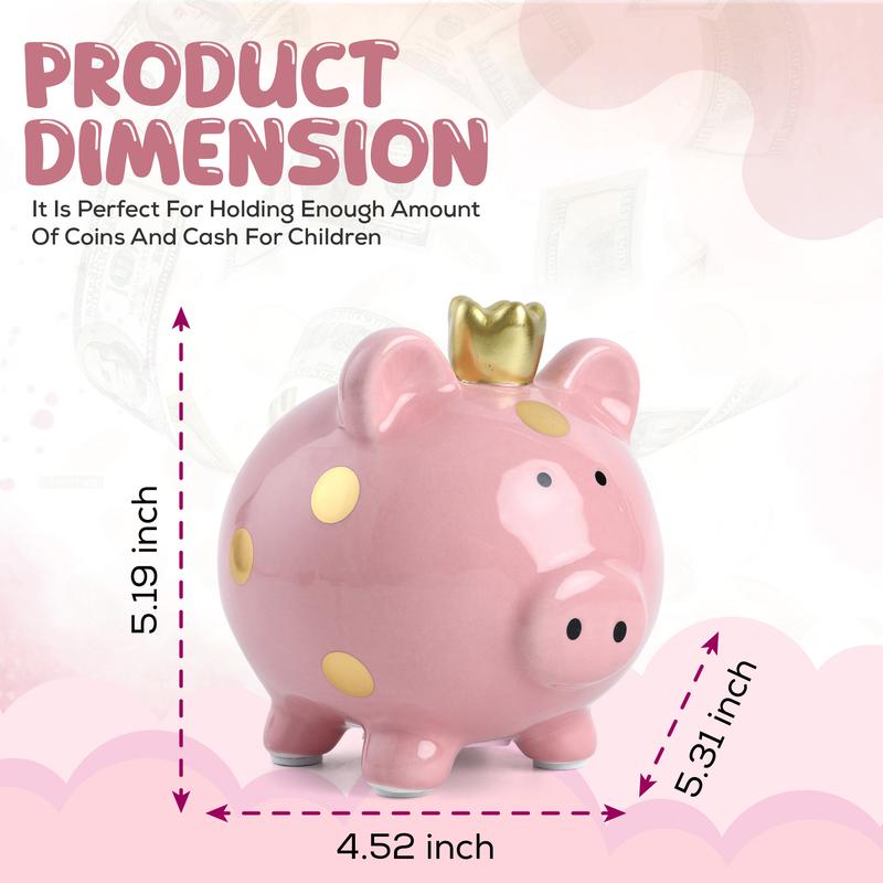 Small Ceramic Piggy Bank, Golden Polka Dot Piggy Bank with Crown, Small Piggy Bank Coin Bank Money Saving Bank for Kids Girls Boys(Pink 4.64”L x 5.51”W x 5.19”H)