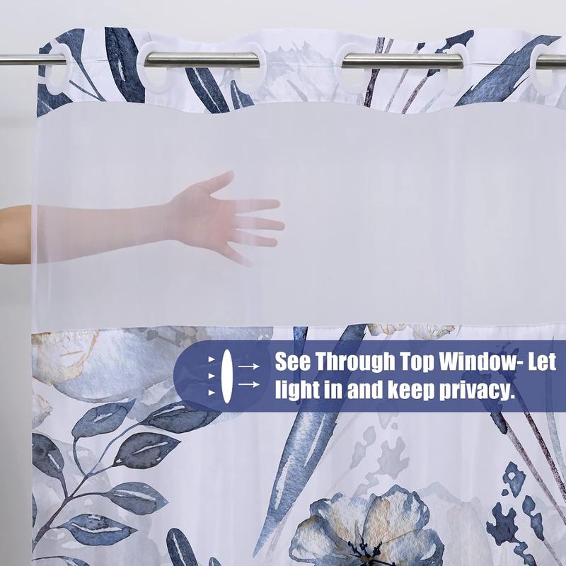 No Hook Shower Curtain with Snap On Shower Curtain Liners Replacement, Hotel Blue Floral Shower Curtain with 2 Liners and See Through Window, Double, Waterproof, Washable, 71