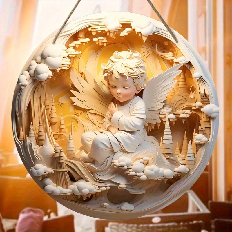 Wooden Hanging Ornament, 1 Count Angel Statue Castle Pattern Round Wooden Sign, Hanging Decor for Home Living Room Bedroom Church