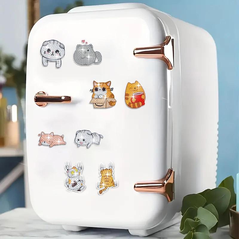 Cartoon Cat Pattern Refrigerator DIY Sticker, 8 Counts set DIY Diamond Art Painting Kit, DIY Refrigerator Sticker for Car, Notes, Memo, Photo