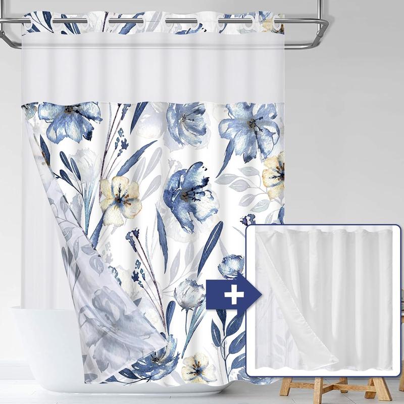 No Hook Shower Curtain with Snap On Shower Curtain Liners Replacement, Hotel Blue Floral Shower Curtain with 2 Liners and See Through Window, Double, Waterproof, Washable, 71