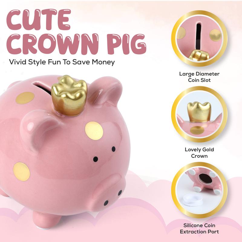 Small Ceramic Piggy Bank, Golden Polka Dot Piggy Bank with Crown, Small Piggy Bank Coin Bank Money Saving Bank for Kids Girls Boys(Pink 4.64”L x 5.51”W x 5.19”H)