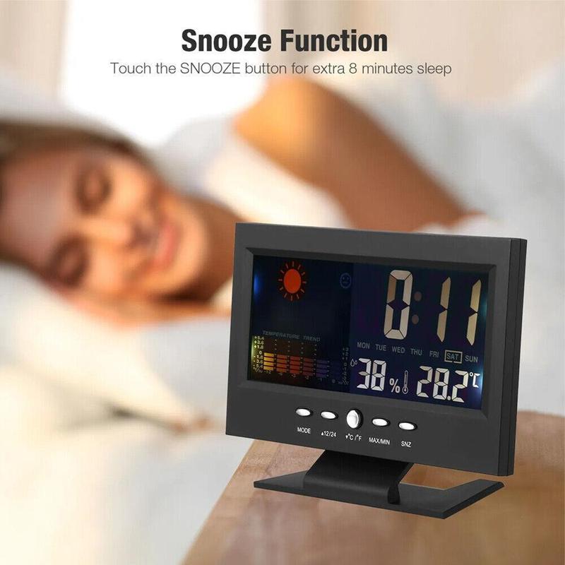 Auto Set Digital Alarm Clock|Thermometer Hygrometer Weather Display | Large Digits LED | Color Display LCD Screen with Snooze Calendar,Easy to Read - Perfect for Nightstand or Desk Decor Light Colorful Hanging Lightweight Switch