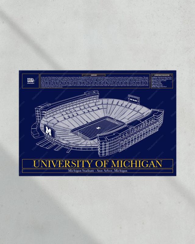 University of Michigan Wolverines Michigan Stadium Blueprint Football Print