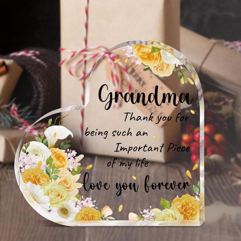 Flower Pattern Acrylic Heart Shaped Ornament, Grandma Gift, Thank You Gift for Grandma, Desk Sign, Tabletop Ornaments