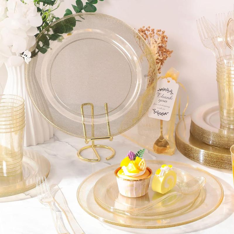 600Pcs Gold Silver Gold Glitter Plastic Tableware for 100 Guests Include 100 Dinner Plates, 100 Dessert Plates,100 Cups, 100 Plastic Cutlery