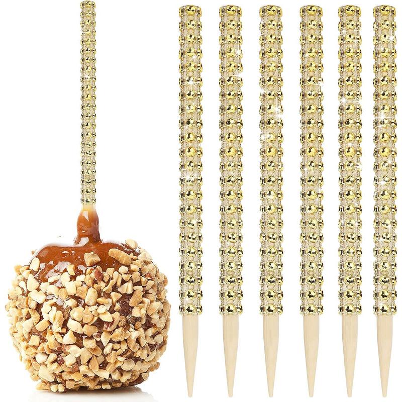 32count Bling Candy Apple Bamboo Sticks,Caramel Apple Wooden Pointed Skewers with Rhinestones Diamond Mesh Wrap,Fruit Treats Bar for Dessert Table Tea Party Birthday Wedding (Gold)