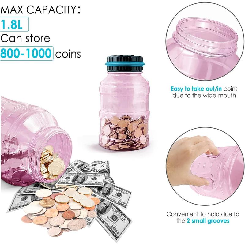 Large Piggy Bank for Adults Kids, Digital Coin Counting Bank with 1.8L Capacity, Great Coin Bank Money Jar for Adults Kids with Saving Goals, Bank for All US Coins (Pink) Decor Gift Ornaments