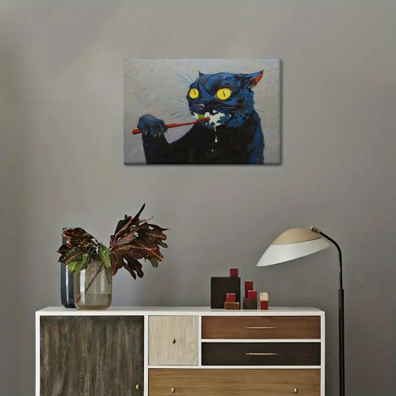 Unique Soul Canvas Poster - No Framed, Vibrant Black Cat Brushing Art Oil Painting Print, Exquisite Gift for Wall Decoration, Perfect for Bedroom, Office, Bar, Kitchen, Restaurant, Enhancing Home and Office Ambiance Ornaments Artistic Photo