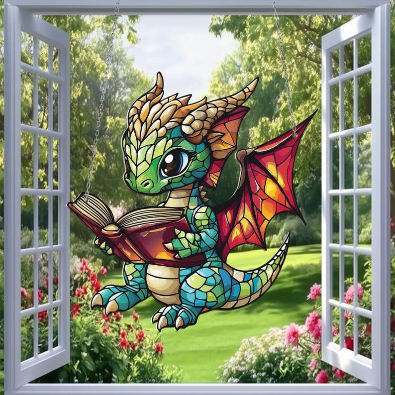 New! Reading Book Dragon Acrylic Window Hanging, Fantasy Dragon Wall Window Hanging Art, Home Ornaments Hangable Decoration