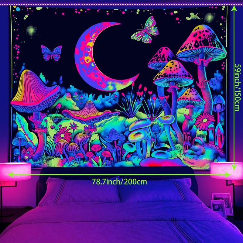 Mushroom & Moon & Butterfly Pattern Tapestry, 1 Count UV Reactive Fluorescent Tapestry, Neon Light Effect Wall Hanging Blanket for Bedroom & Living Room