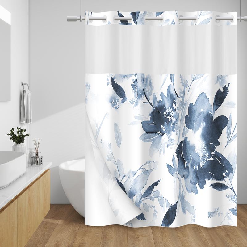 WITHLOC No Hook Shower Curtain with Snap in Liner - Floral Shower Curtain - Fabric Waterproof Inner Liner, Plants Aqua Blue Flowers Modern Cloth Shower Curtains - Machine Washable, 71 x 74 Inch 71 x 86 Inch