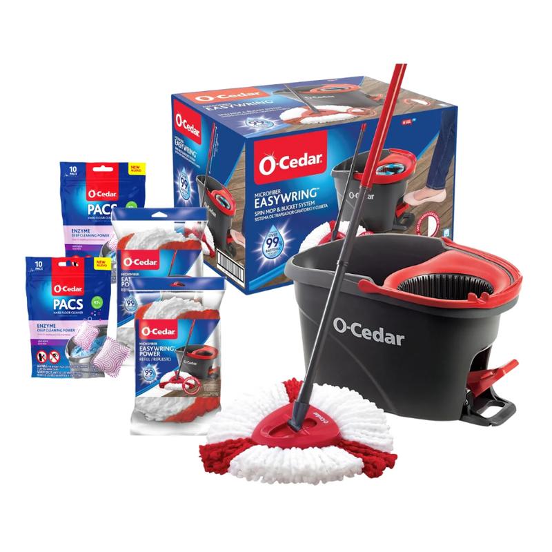 O-Cedar EasyWring Spin Mop & Bucket System +2 Power Refills with 2 Lavender Cleaning PACS (Variety Pack)