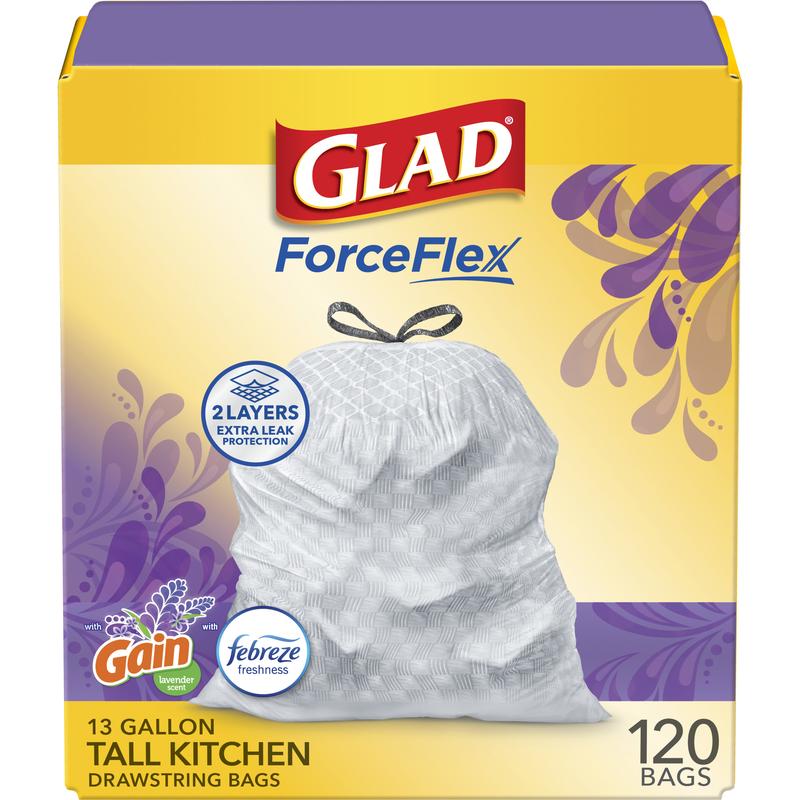 Glad ForceFlex Tall Kitchen Drawstring Trash Bags, 13 Gallon, Gain Lavender with Febreze Freshness, 120 Count