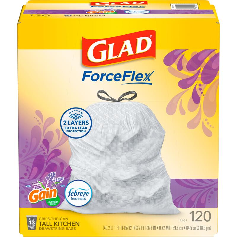 Glad ForceFlex Tall Kitchen Drawstring Trash Bags, 13 Gallon, Gain Lavender with Febreze Freshness, 120 Count