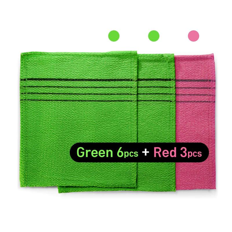 9pcs Genuine Korean Asian Exfoliating Bath Washcloth, Skin Massage (Green 6pcs, Red 3pcs) Genuine Korean Italy Towel, Removing Dry, Dead Skin Cells, Cleaning Pores, Reusable