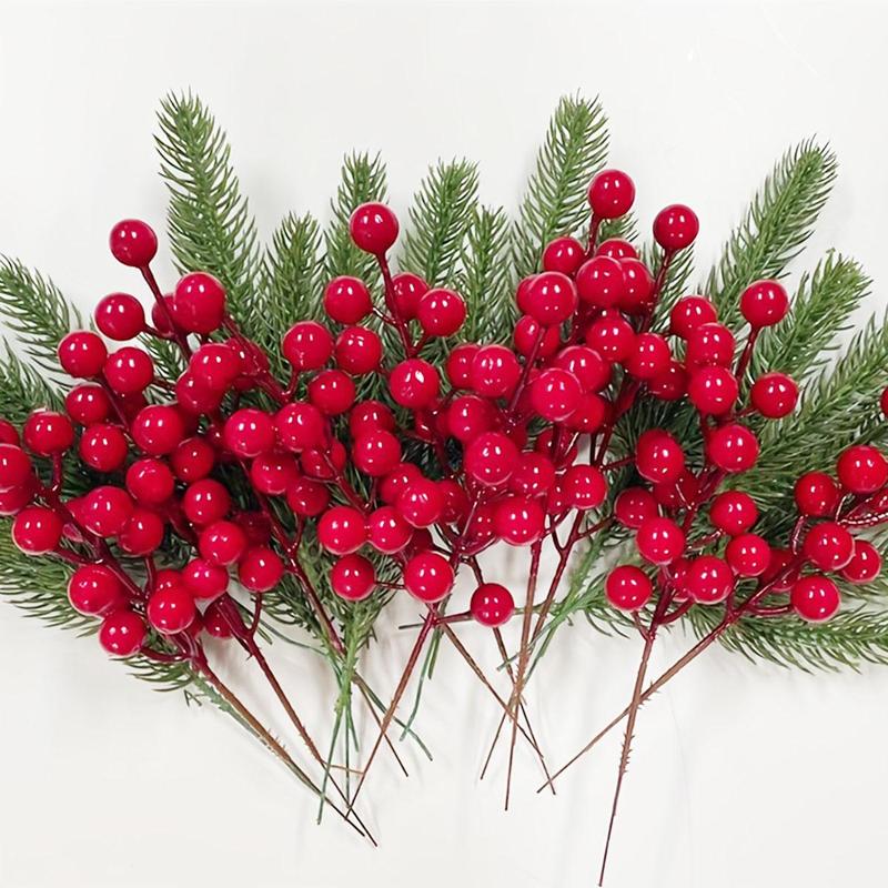 Artificial Pine Needle & Berry Stem, 20pcs set Fake Pine Needle & Berry Stem, DIY Christmas Decorative Plant for Home Party Wedding Festival