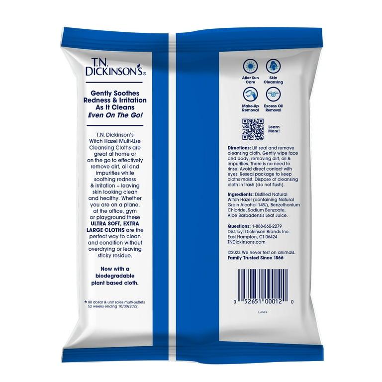 T.N. Dickinson's Witch Hazel Cleansing Cloths for Multi-Use Cleaning, 100% Natural, 25 Ct