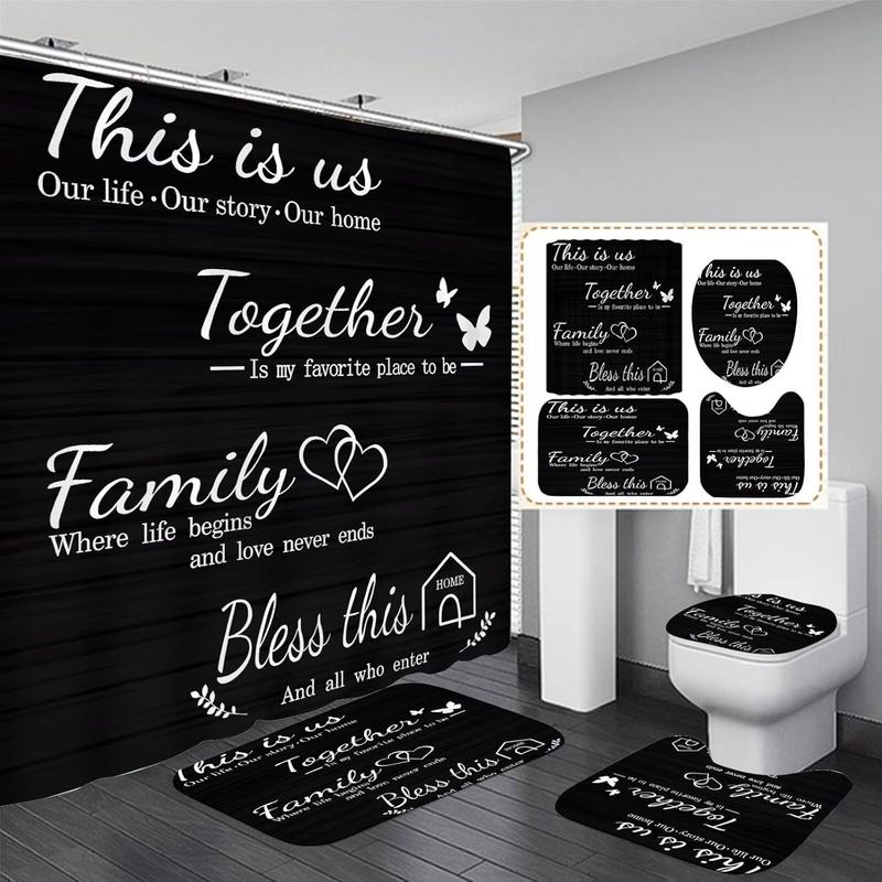 Family Shower Curtain Set Black Home Bathroom Set with Shower Curtain and Rugs and Accessories Bathroom Decor Curtain with 12 Hooks