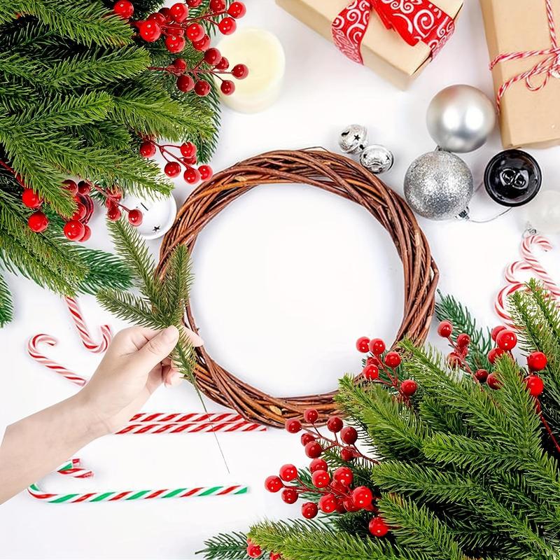 Artificial Pine Needle & Berry Stem, 20pcs set Fake Pine Needle & Berry Stem, DIY Christmas Decorative Plant for Home Party Wedding Festival