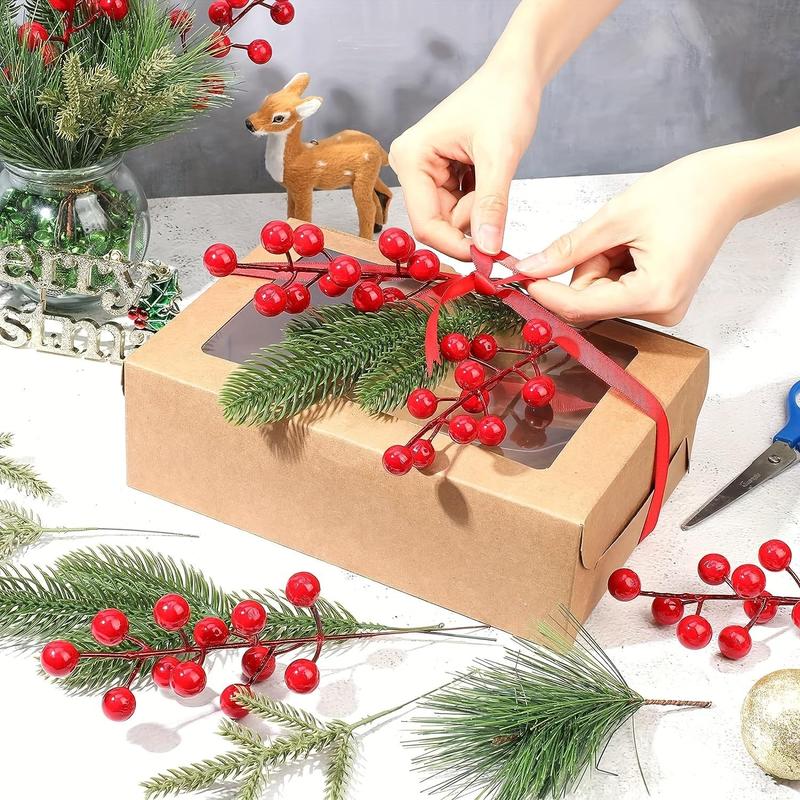 Artificial Pine Needle & Berry Stem, 20pcs set Fake Pine Needle & Berry Stem, DIY Christmas Decorative Plant for Home Party Wedding Festival