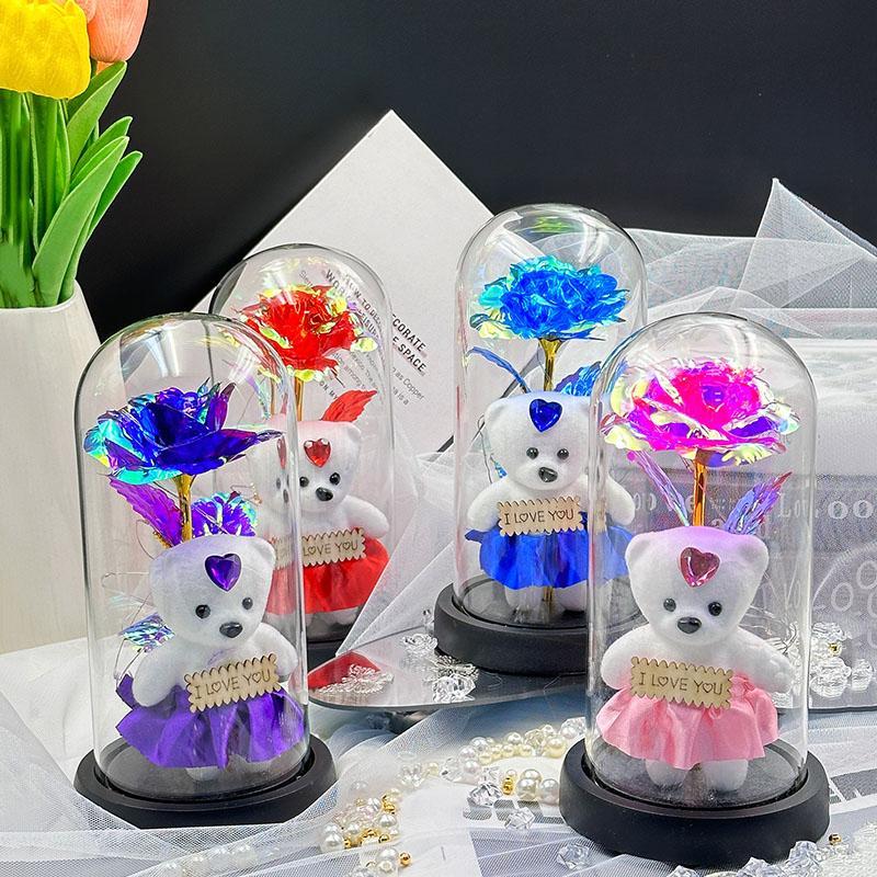 Christmas Eternal Rose & Bear in Glass Dome, Creative Spring Home Decor Artificial Flower & Bear Decorative Ornament for Home Room Decor, False Plants Adornment, Birthday Gift