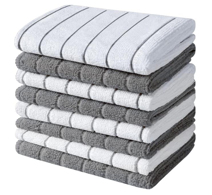 Microfiber Dish Towels, Stripe Designed, Super Soft and Absorbent Dishcloth, Pack of 8, 12 x 12 Inch, Gray and White