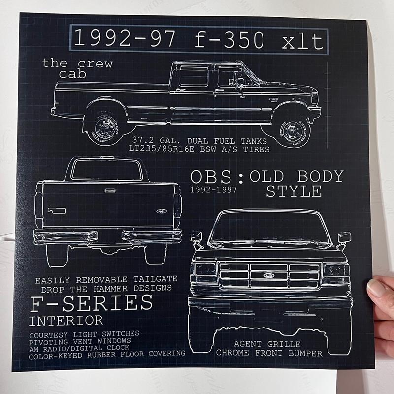 OBS Ford 92-97 Crew Cab Blueprint Poster 12x12in