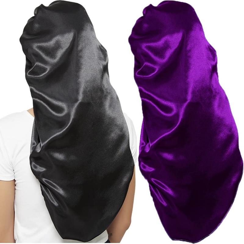 2 Count Hair Bonnets for Women Satin, Soft Elastic Band Silky Sleeping Cap Big Bonnets for Women Comfortable Bonnet for Braids(Black+Purple)