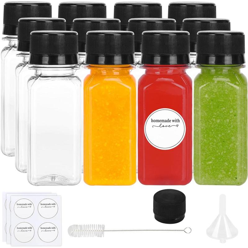 12Count 2oz Shot Bottles with Caps, Reusable Clear Plastic Bottles for Liquids, Empty Containers for Ginger Shots, Juice and Other Beverages