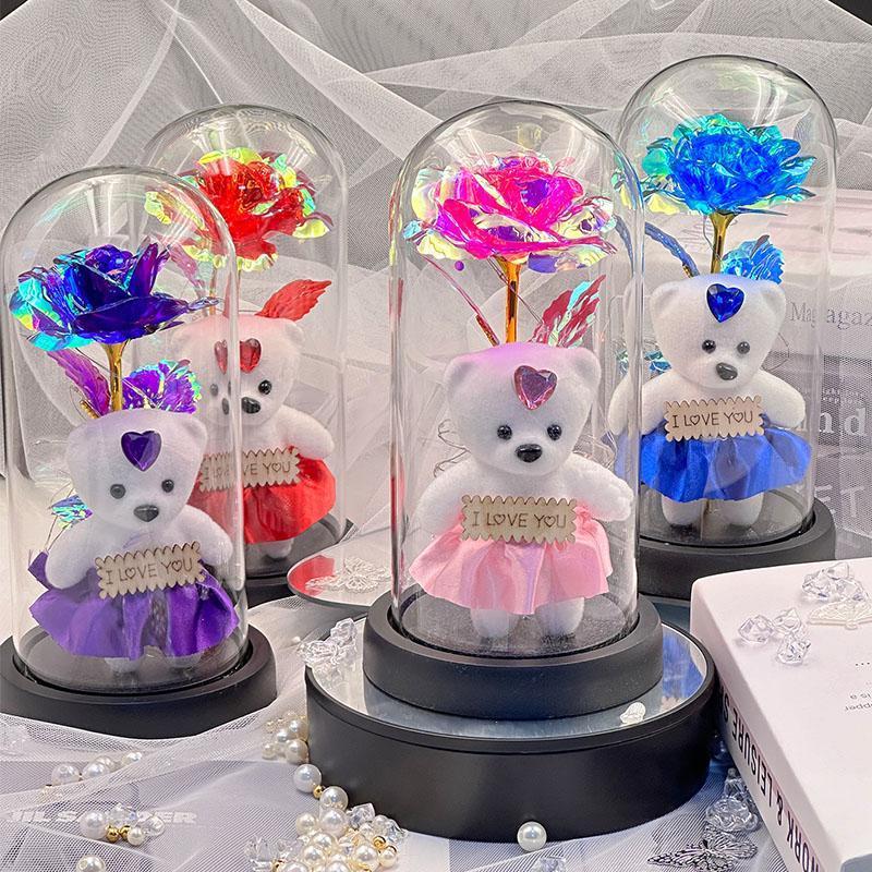 Christmas Eternal Rose & Bear in Glass Dome, Creative Spring Home Decor Artificial Flower & Bear Decorative Ornament for Home Room Decor, False Plants Adornment, Birthday Gift