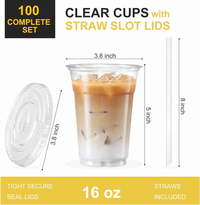 [100 sets -16 oz] Plastic cup with lid and straw, disposable cup suitable for iced coffee, smoothies, milkshakes, cold drinks - transparent