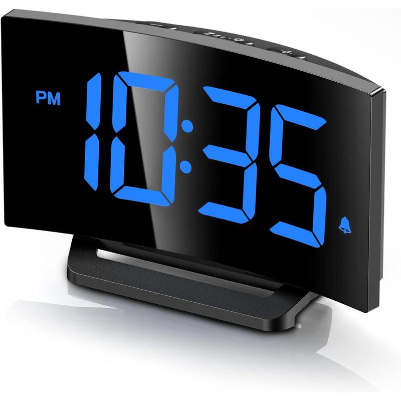 Digital  Clock for Bedrooms, Digital Clock with Modern Curved Design, Conspicuous Blue LED Numbers, 5 Levels Brightness+Off, 2 Volume, 3  Tones, Snooze, Power-Off Memory, 12 24H