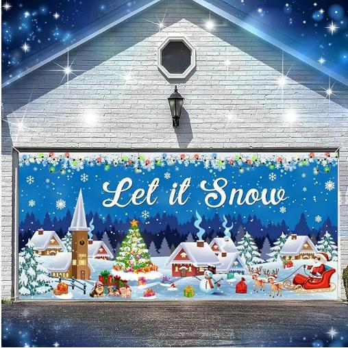 Merry Christmas Garage Door Banner 6x13ft Large, Let it Snow Santa Claus Reindeer Snowman Garage Door Cover Murals Backdrop for Outdoor Holiday Party Garden Lawn Background Xmas Garage Door Decoration