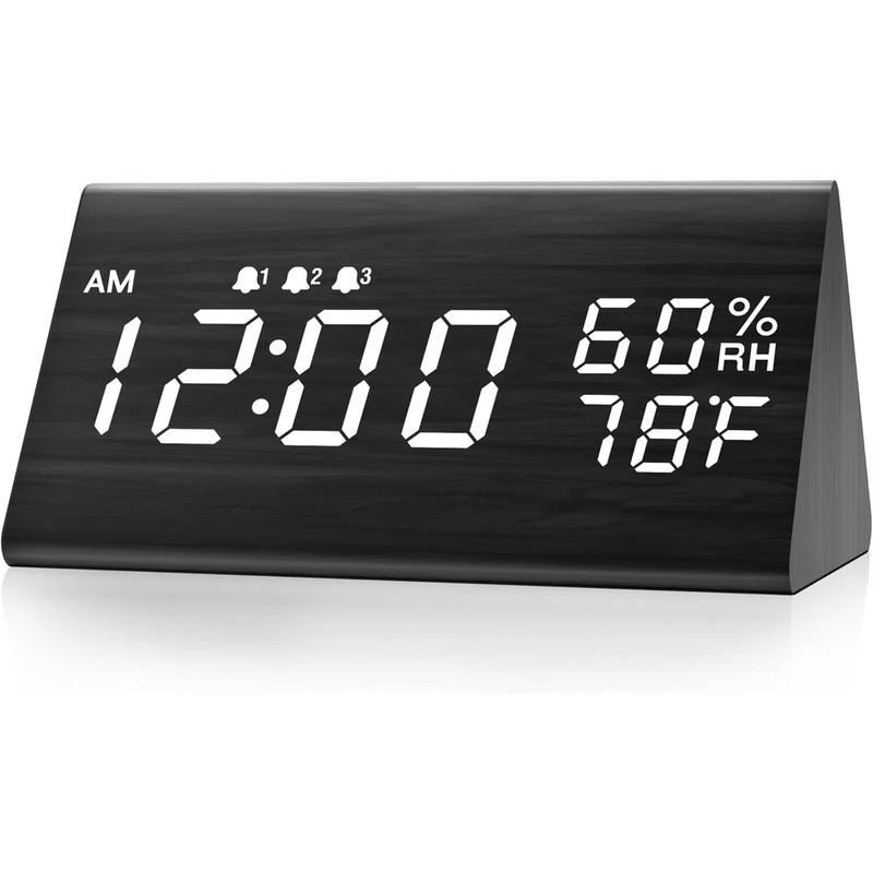 Digital Alarm Clock, with Wooden Electronic LED Time Display, 3 Alarm Settings, Humidity & Temperature Detect, Wood Made Electric Clocks for Bedroom, Bedside (Black)