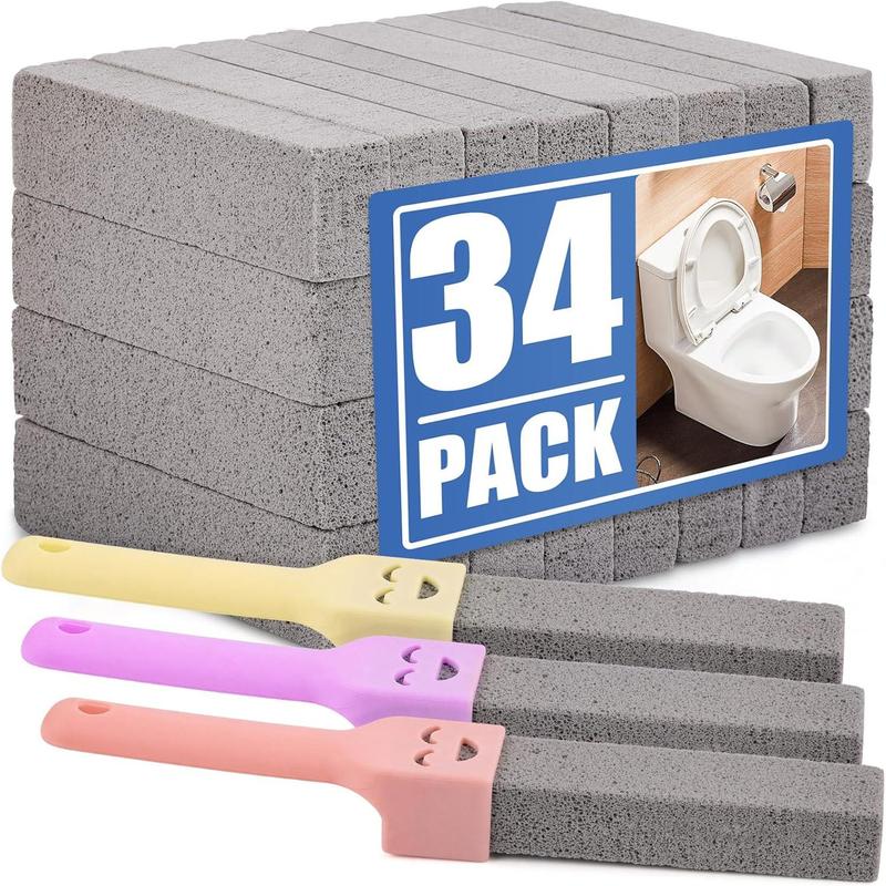 34 Pack Pumice Cleaning Sticks with 3 Universal Handles, Grey Pumice Stone Cleaner for Cleaning Toilets, Bathrooms, Kitchens, Spas, Pools, Household Cleaning