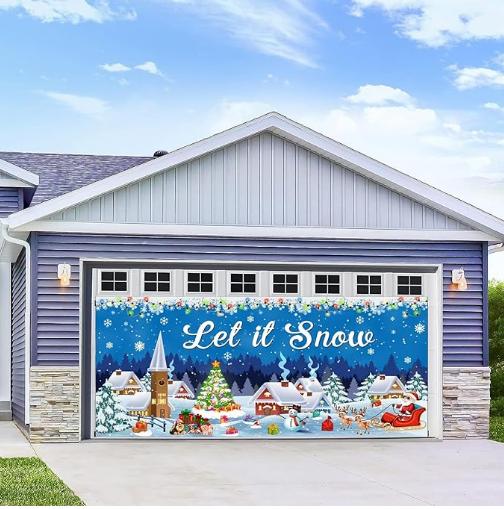 Merry Christmas Garage Door Banner 6x13ft Large, Let it Snow Santa Claus Reindeer Snowman Garage Door Cover Murals Backdrop for Outdoor Holiday Party Garden Lawn Background Xmas Garage Door Decoration