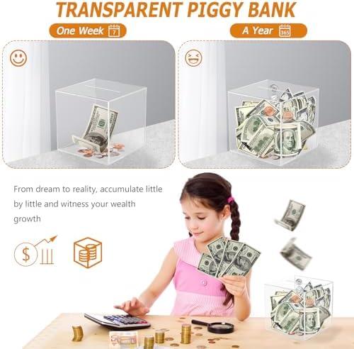 Clear Piggy Bank for Adults Kids, Acrylic Piggy Bank Must Break to Open, Money Saving Jar for Cash Coins, Unopenable Money jar Boys Girls Birthday Gift(Clear, 4.72-inch)