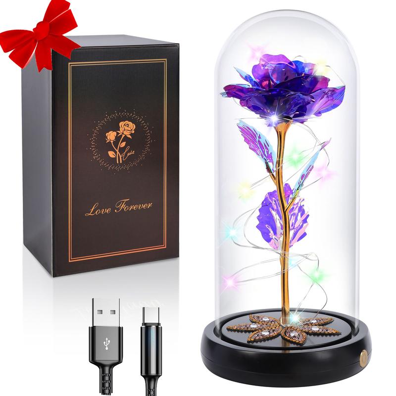 Beautiful Eternal Rose Flower with Butterfly & LED Light in Glass Dome - Ideal Navidad Regalos for Daughter Mom Girlfriend- Perfect Gift for Her