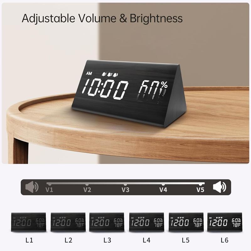 Digital Alarm Clock, with Wooden Electronic LED Time Display, 3 Alarm Settings, Humidity & Temperature Detect, Wood Made Electric Clocks for Bedroom, Bedside (Black)