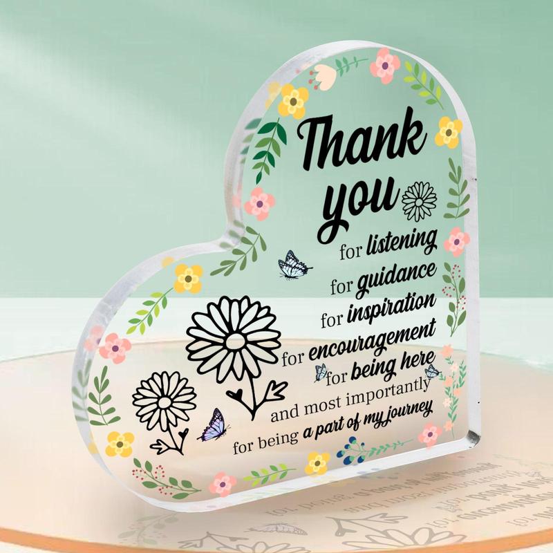 Heart Shaped Acrylic Plaque, 1 Count Thank You Flower & Letter Pattern Appreciation Gift for Women, Birthday Gift for Teachers