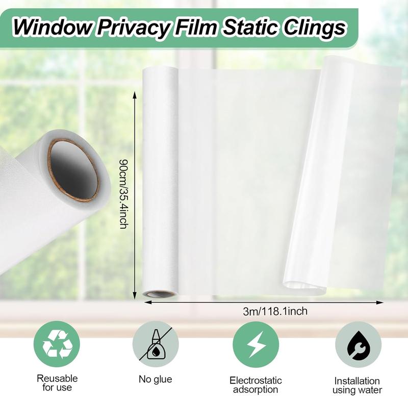 Frosted Glass Window Film,35.4x118.1 Inches Privacy Film Anti Uv, Frosted Window Privacy Film Non Adhesive, Window Film Privacy for Bathroom Home and Office