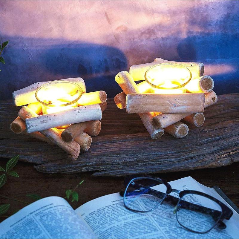 Handmade Wooden Tea Light Candle Holder with Glass Cup Rustic Country Coastal Style for Farmhouse Home Decoration Home Altar Decoration Holoday Wedding Decoration