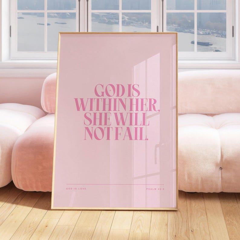 Psalm 46 5 God Is Within Her She Will Not Fail Print Christian Coquette Wall Art Modern Pastel Pink Christian Wall Art Biblical Wall Art